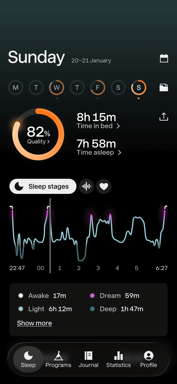Sleep Cycle app showing the Journal screen