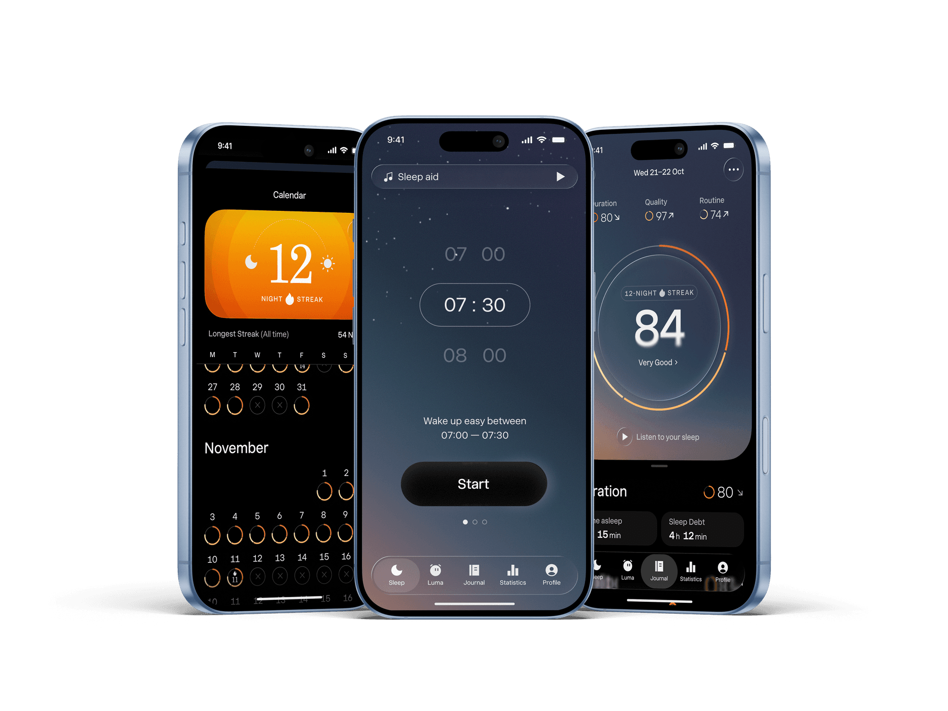 Sleep Cycle iPhone app showing the Sleep Score, Duration and Streak screens