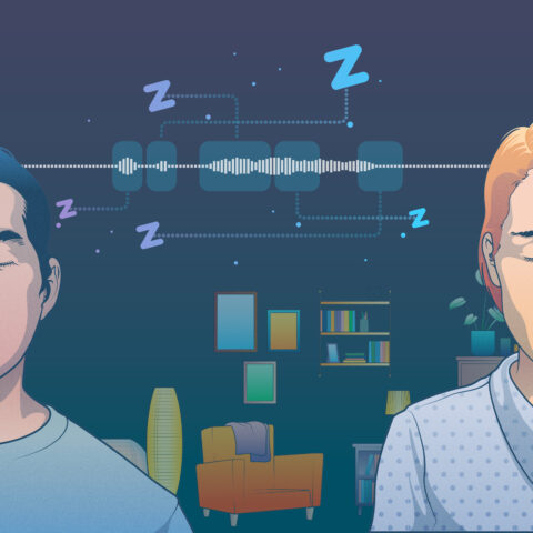 An illustration of two people with their eyes closed, surrounded by symbols of sleep and sound waves, depicting the Sleep Cycle feature that detects snoring.