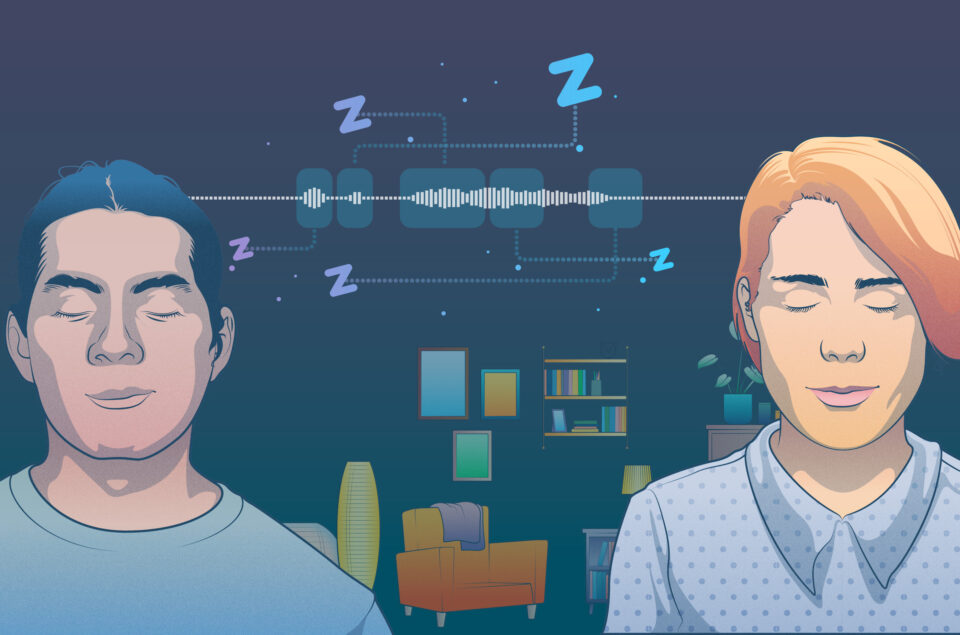 An illustration of two people with their eyes closed, surrounded by symbols of sleep and sound waves, depicting the Sleep Cycle feature that detects snoring.