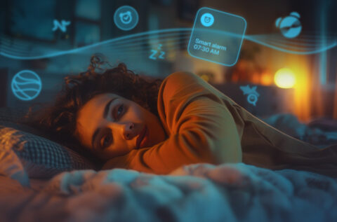 A woman lying in bed at night, surrounded by sleep-related icons such as a smart alarm, sleep tracking, and white noise, representing new feature updates in Sleep Cycle with iOS 18.