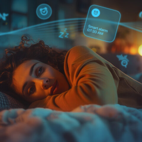 A woman lying in bed at night, surrounded by sleep-related icons such as a smart alarm, sleep tracking, and white noise, representing new feature updates in Sleep Cycle with iOS 18.