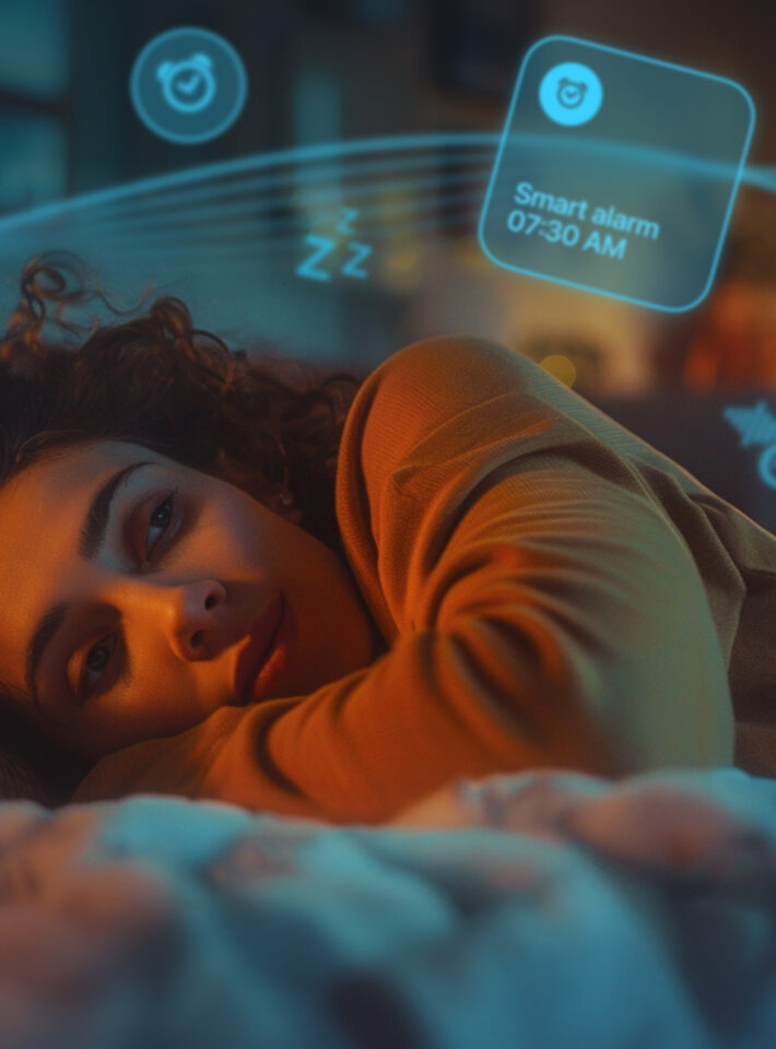 A woman lying in bed at night, surrounded by sleep-related icons such as a smart alarm, sleep tracking, and white noise, representing new feature updates in Sleep Cycle with iOS 18.